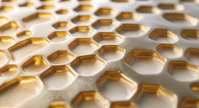 Gold honeycomb textured surface closeup background for design or art