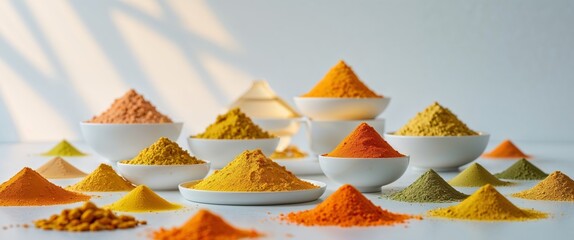 Colorful arrangement of natural supplements and powders on minim