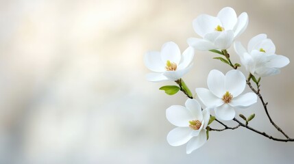 A stunning display of white magnolia blossoms set against a softly blurred background, creating a peaceful and serene ambiance perfect for uplifting spaces.