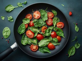 A colorful pan of spinach and tomatoes cooking on a stovetop showcasing fresh ingredients in the kitchen