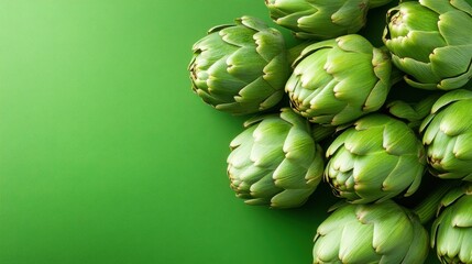 Fototapeta premium This image showcases a cluster of fresh green artichokes arranged artistically on a vibrant green background, emphasizing their natural texture and color.