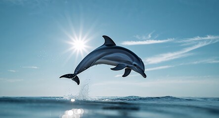 A dolphin leaps out of the ocean with clear skies and a bright sun in the background.