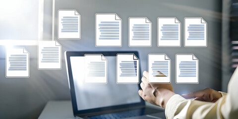Efficient Digital Documentation: Organize Floating Files with a Swipe Gesture - Visual Concept for Stock Photos Featuring File Management and Ample Empty Space