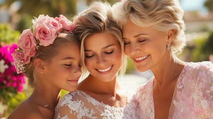 Celebrating love and connection among three generations of women in a joyful garden setting with flowers