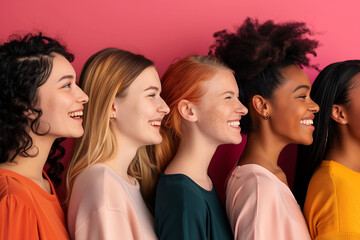 Several happy, beautiful girls, models of different races, different hair colors, are standing next to each other, smiling and posing, a bright background. Young women in profile. Selective sharpness