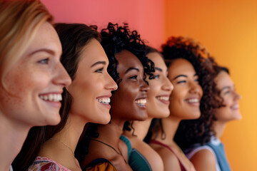 Several model girls of different races, different hair color, standing close to each other, smiling and posing for the camera, bright yellow background.Happy young women in profile,selective sharpness