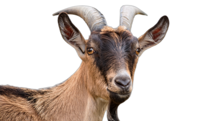Adult goat with horns isolated on white background cutout