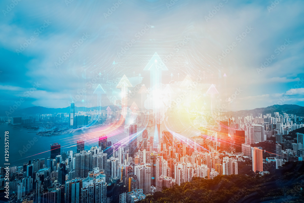 Fototapete Hong Kong cityscape with glowing arrows pointing upwards, symbolizing business growth and development. A concept of growing up in a dynamic urban environment.