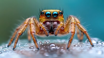 Fototapeta premium An astonishing close-up image of a colorful spider sporting striking eyes and fine fur, showcasing its intricate details and glistening water droplets.