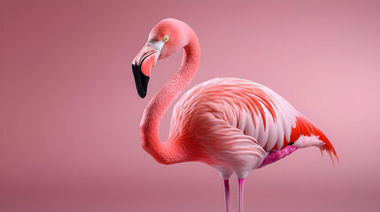 Fototapeta premium Pink flamingo standing, pink background, bird portrait, website banner