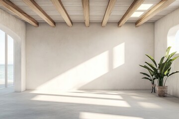 Obraz premium Coastal minimalist interior, sun-drenched empty room