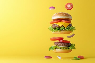 Special, express delivery. Hamburger with flying ingredients on yellow studio background. Bun, salad, meat, cheese and tomatos, onion in flight. Fast food, advertising concept. Copy space for ad