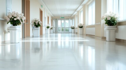This image features a well-lit hospital corridor adorned with elegant flower arrangements in bright pots, creating a serene and welcoming atmosphere for patients and visitors.