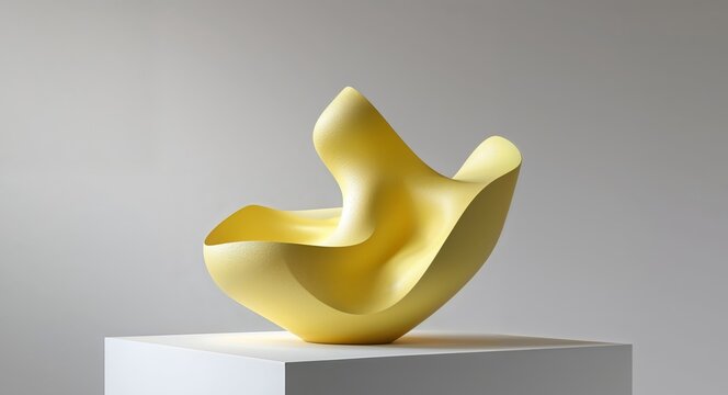 striking yellow sculpture on white pedestal a modern abstract masterpiece.