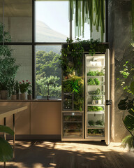 Eco-friendly smart refrigerator powered by renewable energy in a modern green home