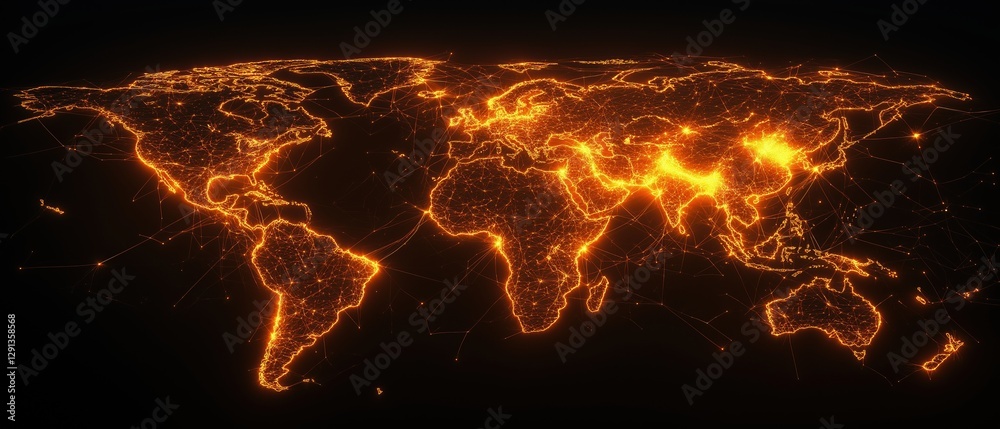 Poster flowing network of glowing lines connecting key points across a world map