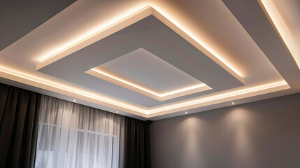 Elegant tray ceiling with indirect lighting, creating a soft and luxurious ambiance in a modern living room