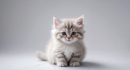 little fluffy kitten on a gray background.