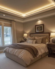 Fototapeta premium Elegant tray ceiling with soft cove lighting, adding depth and sophistication to a master bedroom
