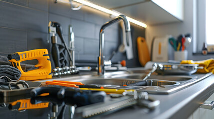 Emergency pipe repair under a kitchen sink, with tools and equipment neatly arranged on the countertop