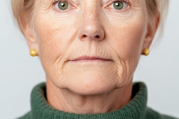 Senior woman with a serious expression wearing a green sweater, showcasing natural beauty and aging gracefully against a soft, neutral background