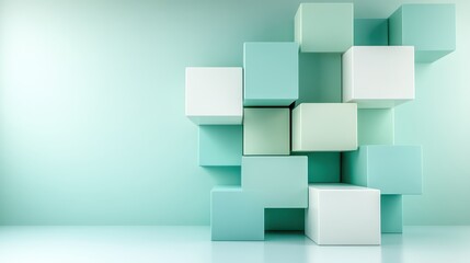 This image portrays a display of colorful teal abstract cubes arranged on a wall, emphasizing modern aesthetics and the playful manipulation of shapes and colors within a bright environment.