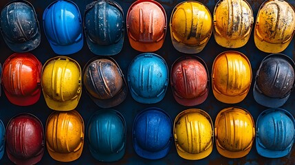 Assorted colorful hard hats piled on a surface. Workplace safety theme,