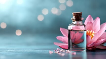 An enchanting still life featuring a clear glass bottle and a pink lotus flower, elegantly placed upon a reflective surface, radiating serenity and beauty.