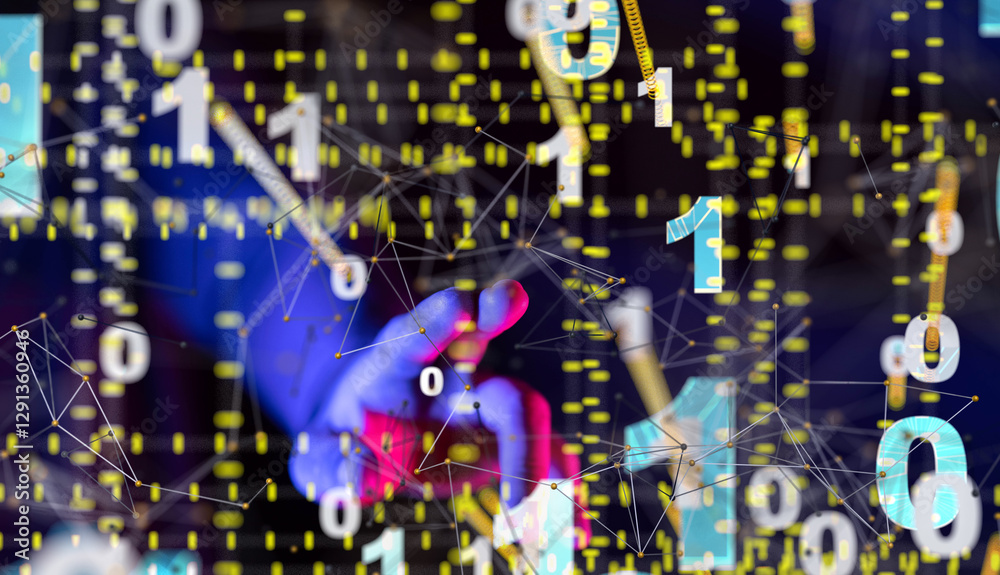 Poster Global network. Blockchain. 3D illustration. Neural networks and artificial intelligence. Abstract  - neural network exposure digital