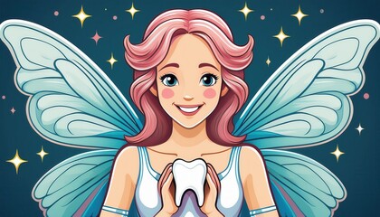 A cheerful figure with wings holds a shining tooth, encouraging children to care for their smiles.