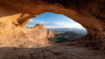 Sandstone archway, view of desert landscape at sunrise.  Possible use Stock photo for travel brochures