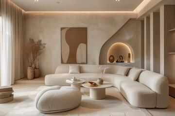 Fototapeta premium Family-friendly space with beige walls, taupe furniture, and soft lighting creating a serene vibe