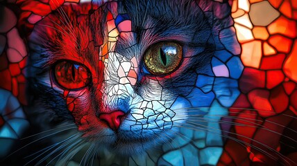 Cat abstract painting style blue red Colorful cat portrait with artistic design.
