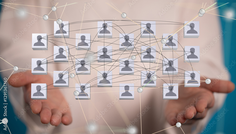 Poster Global network. Blockchain. 3D illustration. Neural networks and artificial intelligence. Abstract