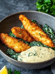 Crispy fried fish fillets served on a bed of sauteed spinach with a creamy sauce, garnished with fresh herbs.