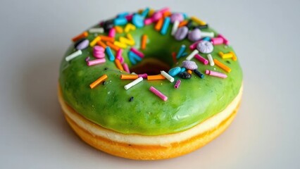 A single green tea donut with a rainbow of toppings, treat, sprinkles