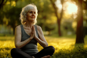 A senior woman practising yoga in a quiet park