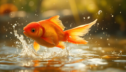 Bright and playful goldfish jumping out of a pond with sparkling droplets and whimsical atmosphere