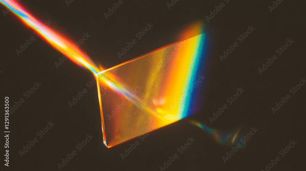 Poster vibrant light refraction through prism creating golden spectrum background
