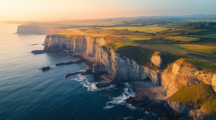 Breathtaking aerial view of winding coastal road along dramatic cliffs with waves crashing on rugged rocks below, capturing stunning natural beauty and dynamic ocean landscape in scenic coastal 