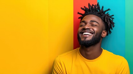 A vibrant young man beams with happiness against a colorful backdrop, capturing the essence of youth and spontaneity in a lively and expressive setting.