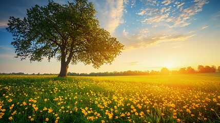 Obraz premium Solitary Tree in a Yellow Flower Field at Sunset