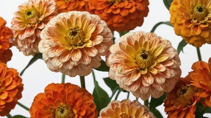 Cluster of Tangerine Orange Zinnias Isolated on White Background with Intricate Petal Patterns and Vibrant Colors in a Detailed Close Up
