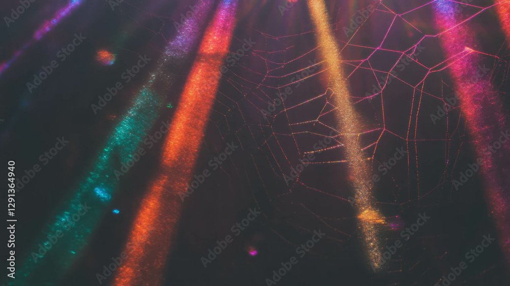 Poster vibrant golden spiderweb with colorful illuminated background for seasonal design