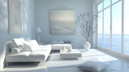 Fototapeta premium Minimalist living room with a monochromatic palette, sleek furniture, and subtle textures creating a calm atmosphere.