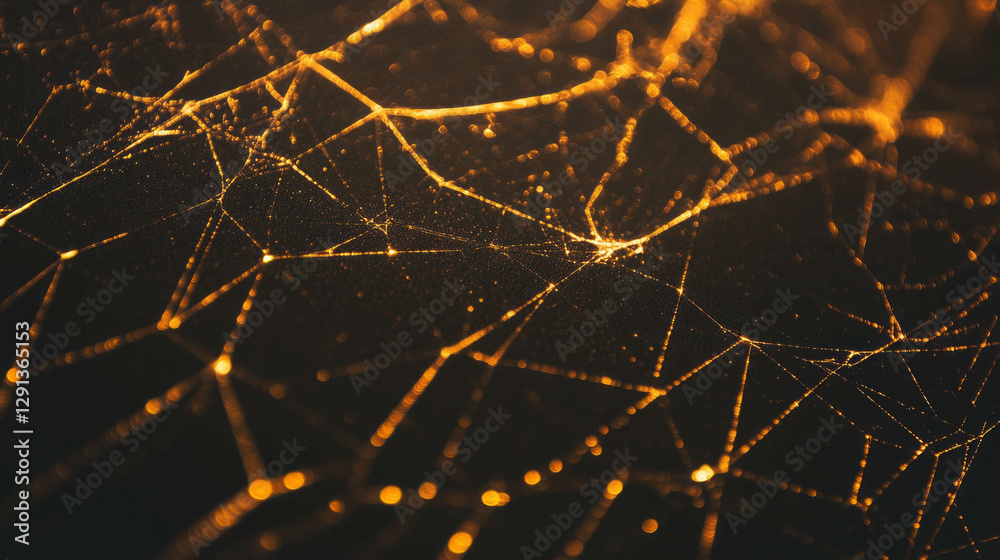 Poster enchanting golden spiderweb with laser illuminated background for design