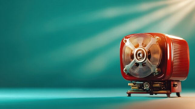 A classic vintage fan in bold red color against a soothing teal backdrop, highlighting retro design elements and timeless appeal in home decor.