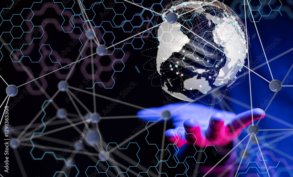 Poster world Global network. Blockchain. 3D illustration. Neural networks and artificial intelligence. Abstract