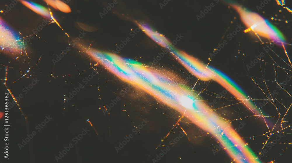 Poster golden spiderweb with rainbow reflection — abstract nature background