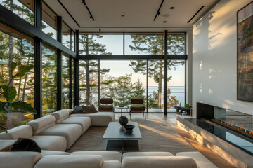 Fototapeta premium Modern full-wall glass windows in a minimalist home, blending indoor and outdoor spaces seamlessly